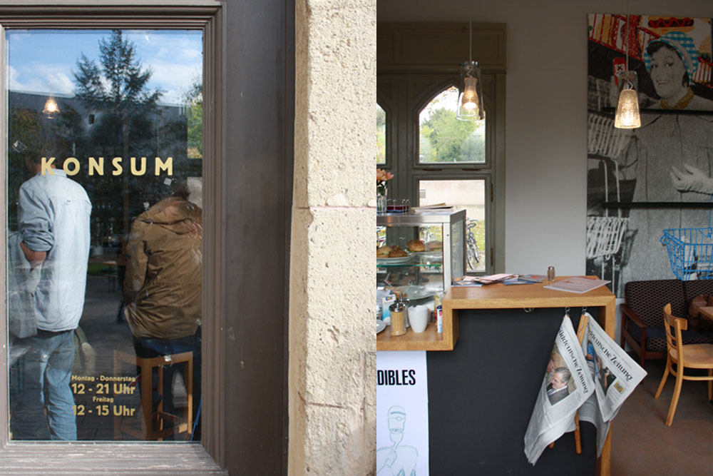 Eingangstür und Theke im Café Konsum, Design Campus der Burg Giebichenstein Hochschule für Kunst und Design